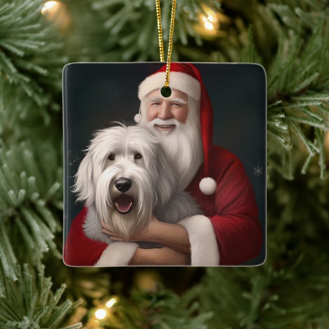 Ornamento De Cerâmica Ovelha Cachorro Inglês com Papai Noel Festivo (Árvore)