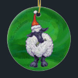 Ornamento De Cerâmica Ovelhas bonitas em Santa Chapéu em Verde<br><div class="desc">Ovelha Festiva de Parada Animal em Presentes e Decorações de Natal Verde Texturados apresenta nossa divertida trabalho de arte de uma linda ovelha branca e preta decolada em um chapéu de Papai Noel contra um fundo verde texturizado pintado digitalmente pelo ilustrador do livro infantil, Traci Van Wagoner. Na parte de...</div>