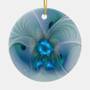 Ornamento De Cerâmica Ovinas de Pé, Fractal Turquesa Azul Abstrato
