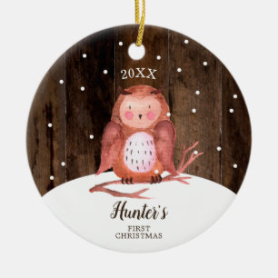 Ornamento De Cerâmica Owl Woodland Personalizou o Primeiro Natal do Bebê