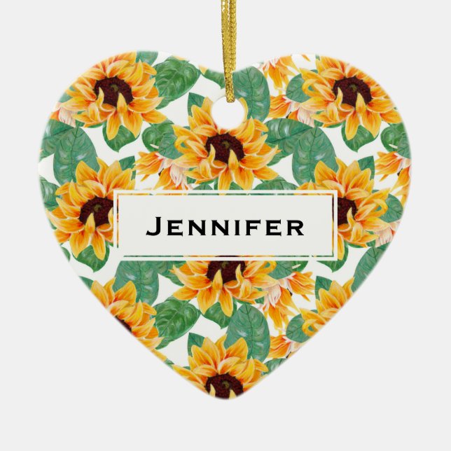 Ornamento De Cerâmica Padrão Amarelo e Verde bonito dos Girassóis (Frente)