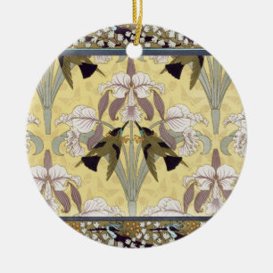 Ornamento De Cerâmica Padrão Art Nouveau de Orquídea Beija-flor Vintage