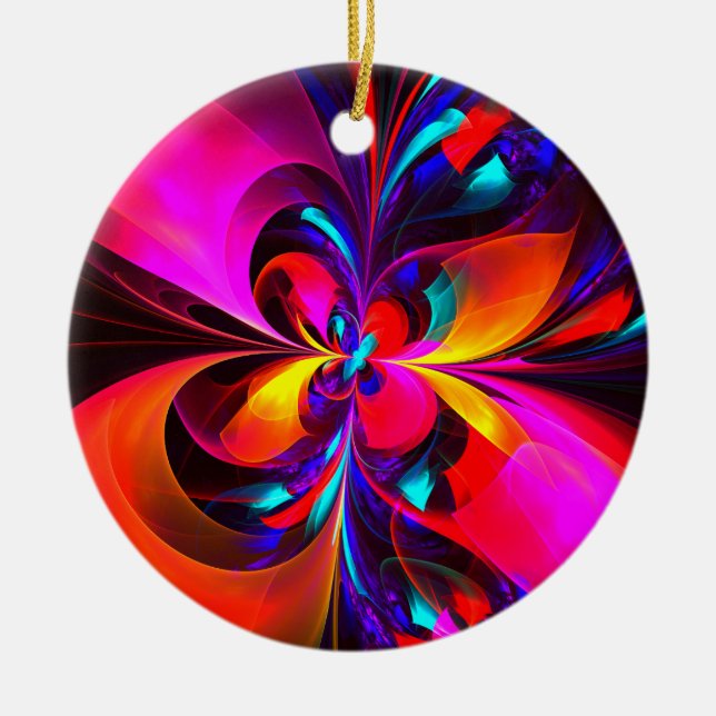 Ornamento De Cerâmica Padrão Azul Vermelho Abstrato Floral Moderno #07 (Frente)