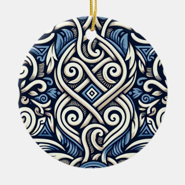 Ornamento De Cerâmica Padrão branco e azul grego moderno (Frente)