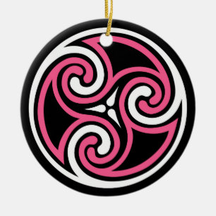 Ornamento De Cerâmica Padrão Celtic Triskele, Fuchsia, Preto e Branco