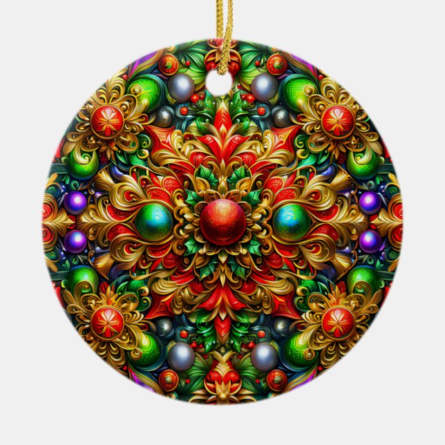 Ornamento De Cerâmica Padrão CHRISTMAS Vermelho Roxo Dourado Verde 3D ~ (Frente)