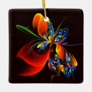 Ornamento De Cerâmica Padrão de Abstrato de Arte Floral Azul Laranja Mod