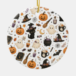 Ornamento De Cerâmica Padrão de aquarela de Halloween fofo com gatos pre