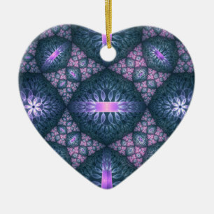 Ornamento De Cerâmica Padrão de arte fractal 3D Turquesa Rosa Roxo Coraç
