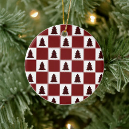 Ornamento De Cerâmica Padrão de Árvore de Natal da Xadrez Vermelha Moder