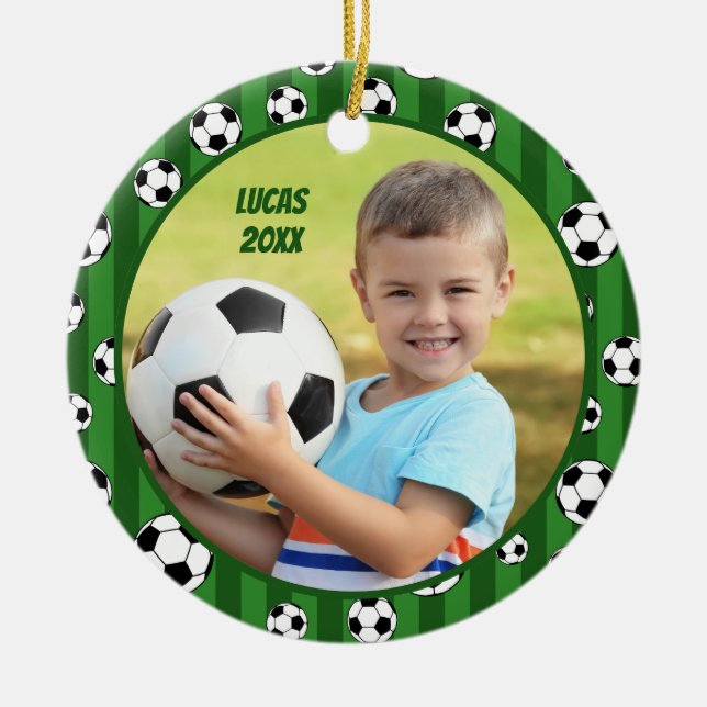 Ornamento De Cerâmica Padrão de bola de futebol infantil - 2º Natal (Frente)