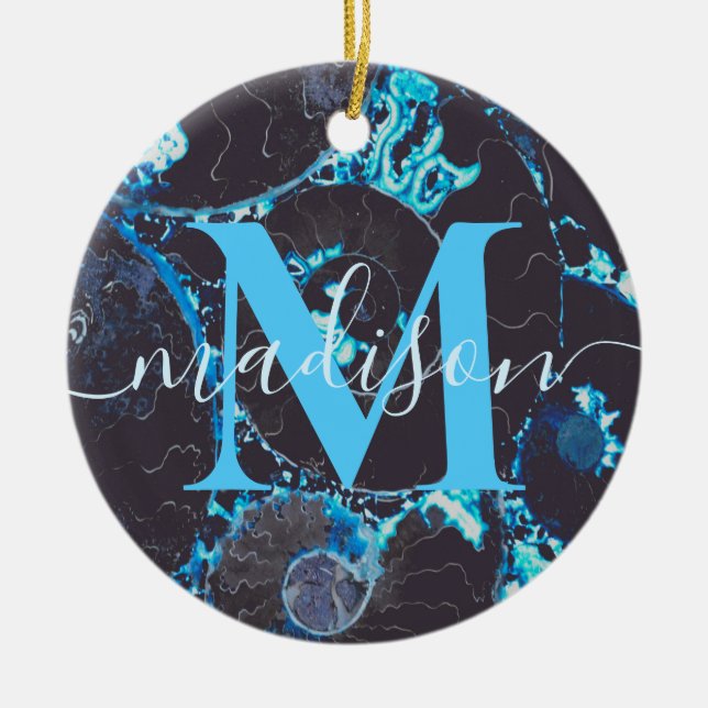 Ornamento De Cerâmica Padrão de casca azul preto Nautilus, geometria ass (Frente)