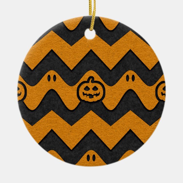 Ornamento De Cerâmica Padrão de Chevron Halloween com Fantasmas e Pumpki (Frente)