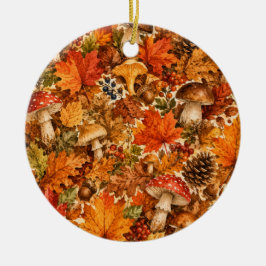 Ornamento De Cerâmica Padrão de Cogumelo da Floresta de Outono | Folhas 
