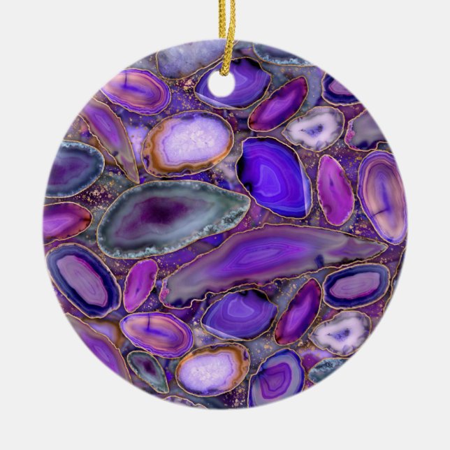 Ornamento De Cerâmica Padrão de cristal de Geodes - Roxo e Violeta (Frente)