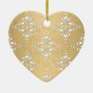 Ornamento De Cerâmica Padrão de Damasco Amarelo Dourado e Branco
