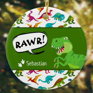 Ornamento De Cerâmica Padrão de Dinossauro Colorido com o Nome T-Rex Ch