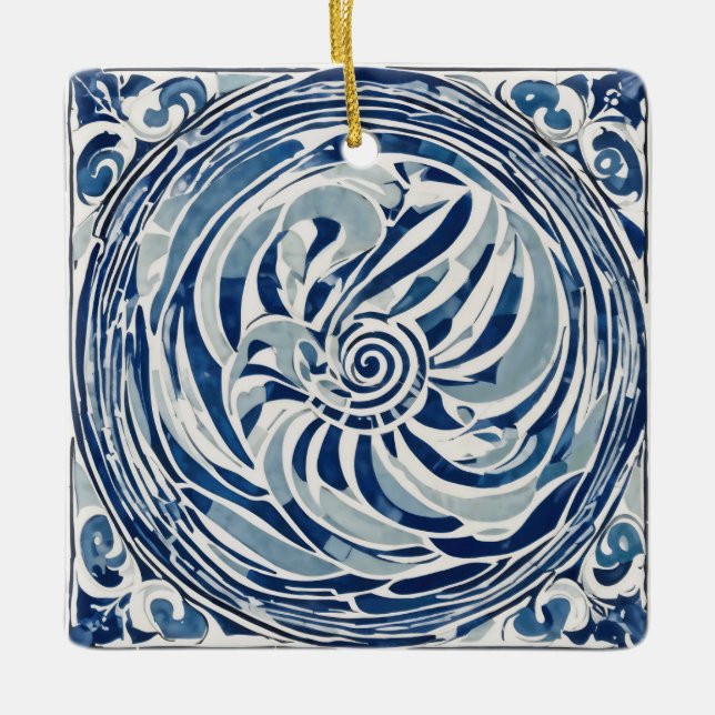 Ornamento De Cerâmica Padrão de espiral branco azul 02 (Frente)