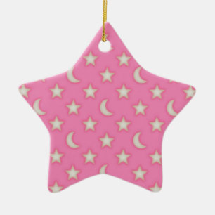 Ornamento De Cerâmica Padrão de estrelas e luas cor-de-rosa