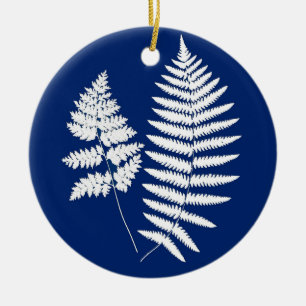 Ornamento De Cerâmica Padrão de Fern de Woodland, Azul de Cobalto e Bran