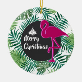 Ornamento De Cerâmica Padrão de Folhas Tropicais e Flamingo Xmas Rosa