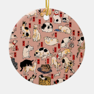Ornamento De Cerâmica Padrão de Gato Ukiyo-e Japonês Vintage: Kuniyoshi