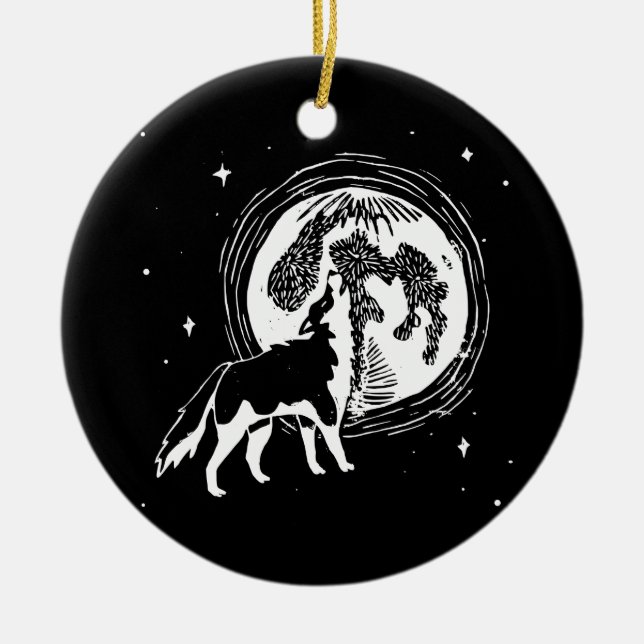 Ornamento De Cerâmica Padrão de Linocução da Lua do Rouco preto e branco (Frente)