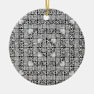 Ornamento De Cerâmica Padrão de Listras Quadrados Preto Branco Design