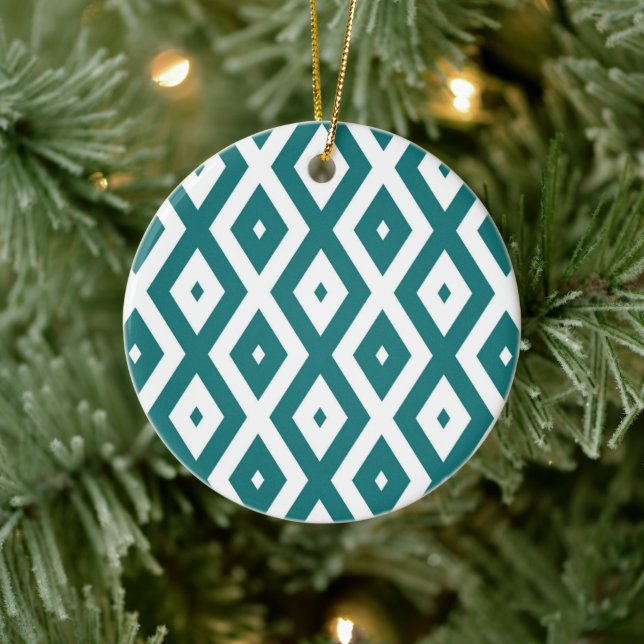 Ornamento De Cerâmica Padrão de losango branco e teal (Árvore)