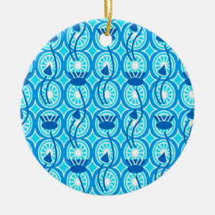 Ornamento De Cerâmica Padrão de Lotus egípcio, cobalto e turquesa