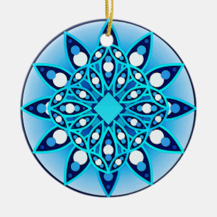 Ornamento De Cerâmica Padrão de mandala em turquesa, cobalto e branco