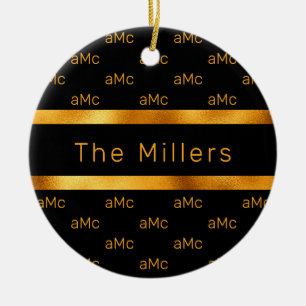 Ornamento De Cerâmica Padrão de monograma de casal de ouro preto elegant