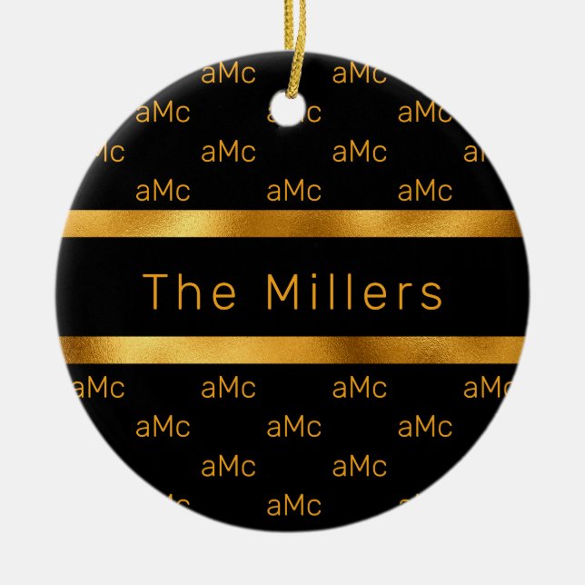 Ornamento De Cerâmica Padrão de monograma de casal de ouro preto elegant (Frente)