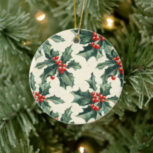 Ornamento De Cerâmica Padrão de Natal com Holly Leaves e Red Berry