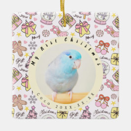 Ornamento De Cerâmica Padrão de Natal Pastel Rosa Fofo Foto Personalizad