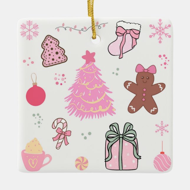 Ornamento De Cerâmica Padrão de Natal Rosa (Frente)