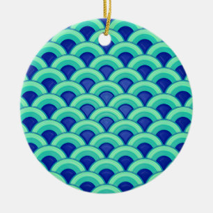 Ornamento De Cerâmica Padrão de onda Art Deco - turquesa e cobalto