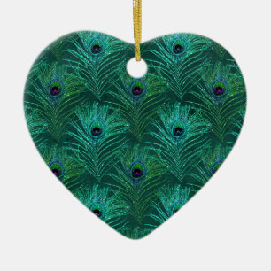 Ornamento De Cerâmica Padrão de penas de pavão verde de pavão