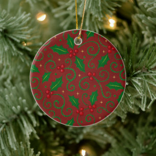 Ornamento De Cerâmica Padrão de redemoinho de azevinho vermelho – Natal
