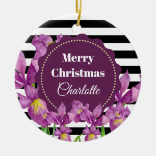 Ornamento De Cerâmica Padrão de Stripes Brancas Roxo-Roxo Iris Preto