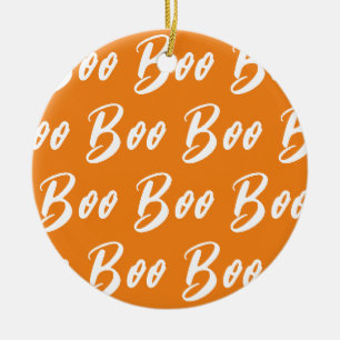 Ornamento De Cerâmica padrão de texto boo laranja branco de Halloween