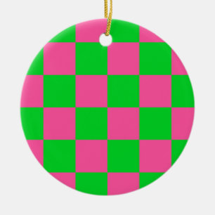 Ornamento De Cerâmica Padrão de Verificação Verde Cor-de-Rosa