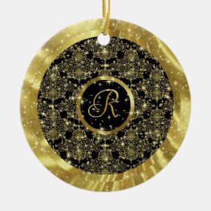 Ornamento De Cerâmica Padrão Dourado e Sparkles-Personalizado Inicial