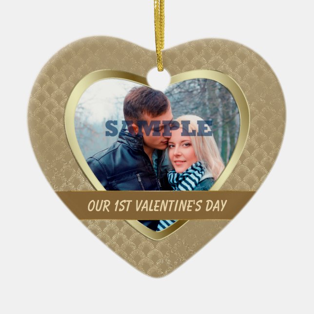 Ornamento De Cerâmica Padrão Dourado Elegante Nosso Primeiro Pedido de N (Frente)