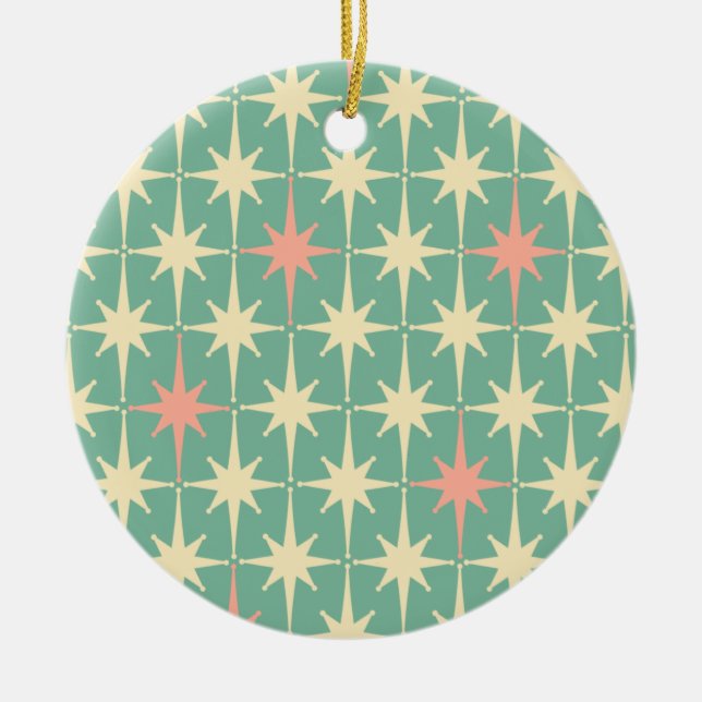 Ornamento De Cerâmica Padrão Estelar do Séc. Médio, Rosa e Mint Teal (Frente)