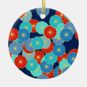 Ornamento De Cerâmica Padrão floral Art Deco - azul, turquesa e vermelh