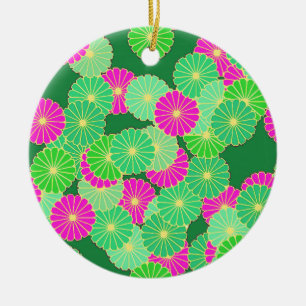 Ornamento De Cerâmica Padrão floral de Art Deco - tons verdes, fúcsia
