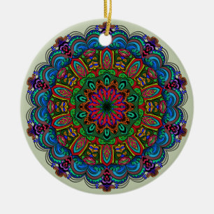 Ornamento De Cerâmica Padrão Floral e Geométrico de Mandala Vibrante