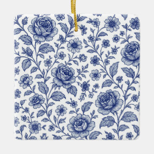 Ornamento De Cerâmica Padrão Floral Real de Rosas Azuis