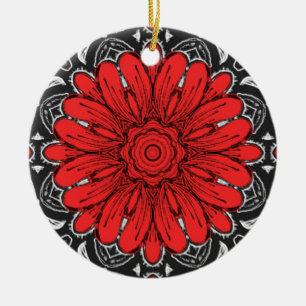Ornamento De Cerâmica Padrão geométrico de margarida em preto vermelho e
